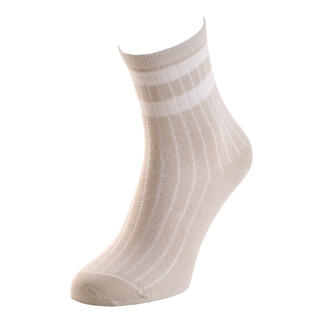 Beige-witte gestreepte sok in staande positie.