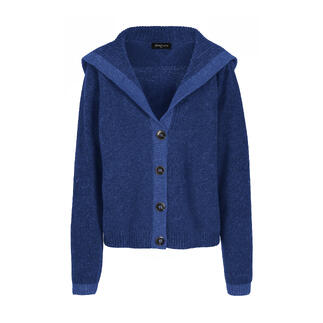 Blauwe matrozen-cardigan met knopen in vooraanzicht.