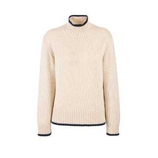 Beige lyocell-wollen trui met hoge kraag en geribbelde onderkant.
