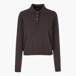 Dames kasjmier polo in bruin met knopen en lange mouwen.