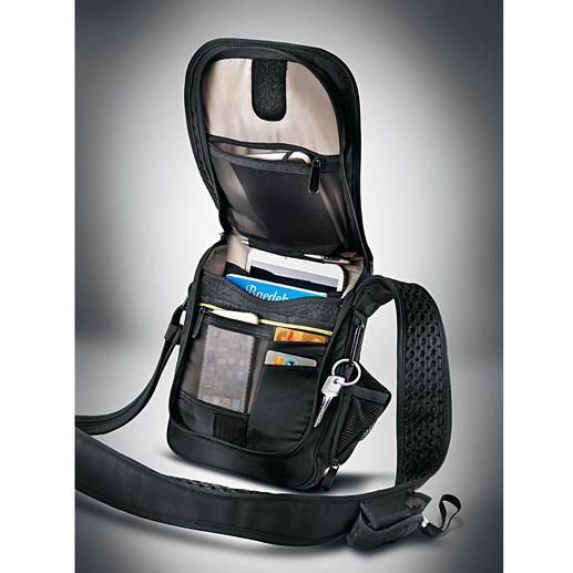 Safety-schoudertas Meteen 3 tegenvallers voor dieven. Niet door te snijden. RFID-bescherming. Met alarm.