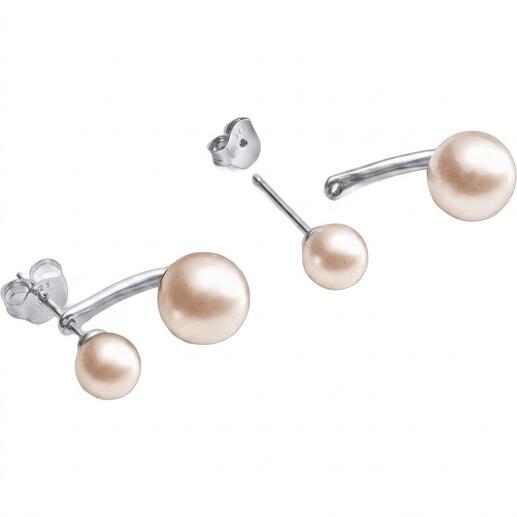2-in-1 oorbellen met zwevende parels in zilver, elegant gepresenteerd.