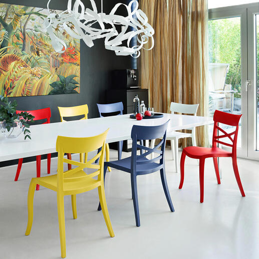 Kleurige designstoelen rondom een witte eettafel