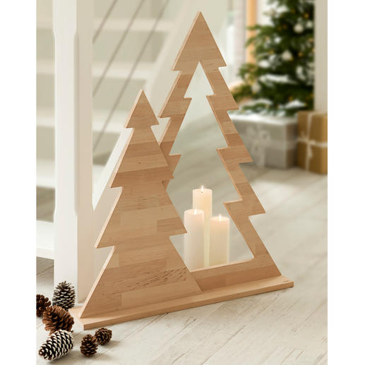 Duo-dennenboom Moderne kerstversiering die allesbehalve kitsch is. Eenvoudig design. Onbehandeld elzenhout.