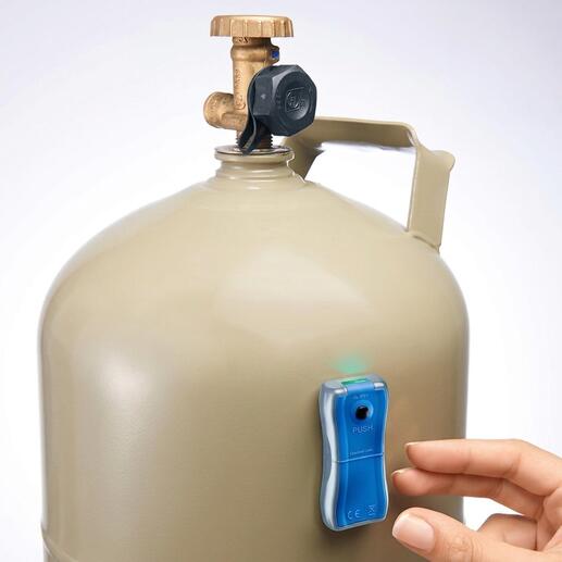 Gaslevel-indicator aan een gasfles, met groene verlichting.