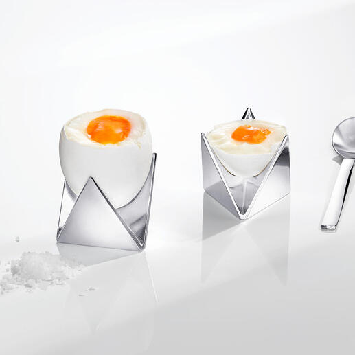 Alessi eierdopjes in de vorm van twee opgevouwen schaaltjes.