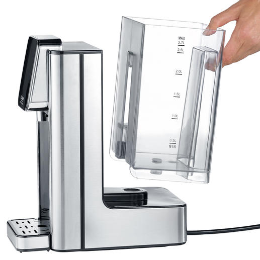 Waterniveau-indicatie op het afneembare waterreservoir. Waterniveau-indicatie op het afneembare waterreservoir.