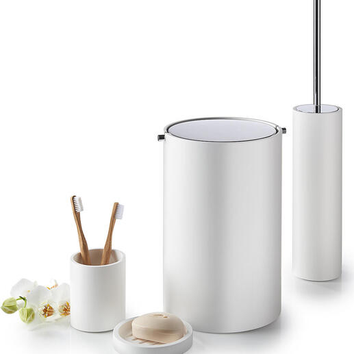 Badcollectie Stone met verschillende badkameraccessoires in het wit