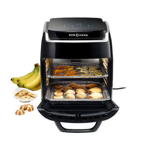 1.800 W-airfryer met draaispies, droogautomaat en heteluchtoven met 5 niveaus in één. 1.800 W-airfryer met draaispies, droogautomaat en heteluchtoven met 5 niveaus in één.