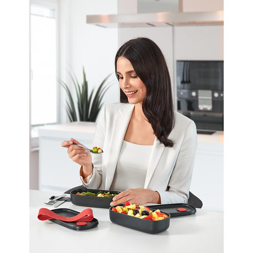 Twee afzonderlijke compartimenten houden snacks, warme gerechten, fruit, kaas, ... netjes gescheiden. Twee afzonderlijke compartimenten houden snacks, warme gerechten, fruit, kaas, ... netjes gescheiden.