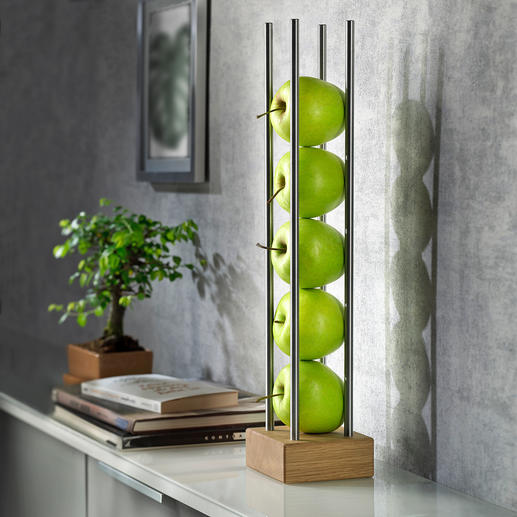 Fruitstandaard Modern hout-rvs-design bewaart en presenteert het fruit luchtig en decoratief tegelijk.