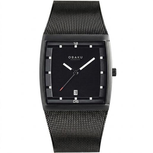 Obaku vierkante herenhorloge in zwart met leren band.