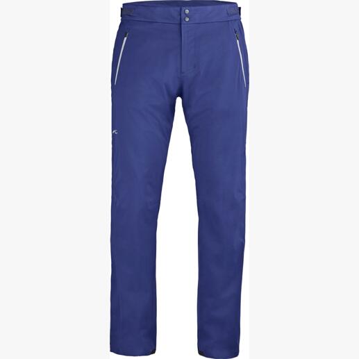 Blauwe damesbroek met rits en twee zijzakken.