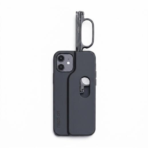 Telefoonhoesje met geïntegreerde leespen en bril in het zwart.