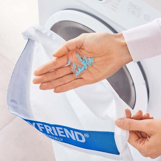 De gebroken vezels komen na het wassen in de waszak terecht en kunnen gemakkelijk worden verwijderd en weggegooid.
