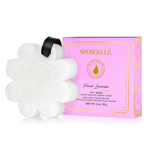 Spongellé schoonheidsspons in witte vorm met roze verpakking.