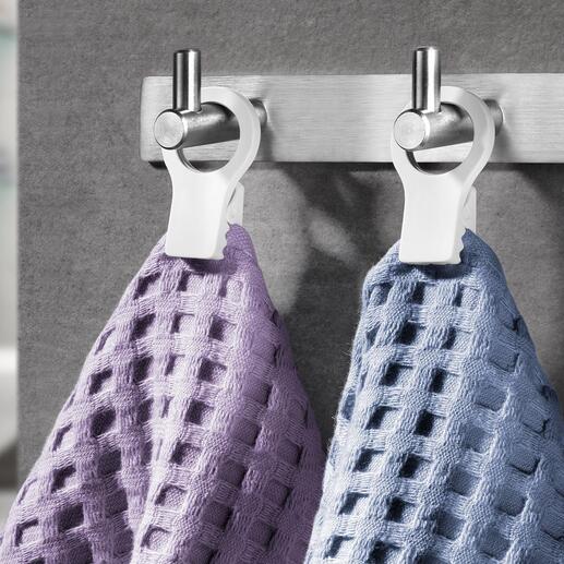 Universele handdoekklem, set van 2 Eindelijk: praktische handdoekklemmen die er ook nog eens goed uitzien. Geschikt voor elke keuken, badkamer, gastentoilet, ... 