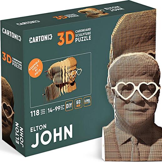 Verpakking van de 3D-puzzel met afbeelding van het kartonnen model van een man met hartvormige bril.