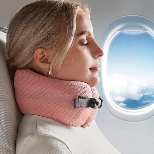 Comfortabel reiskussen Een nieuw soort reiskussen voor in de nek: ondersteunt en stabiliseert uw hoofd, zelfs helemaal tot onder de kin.