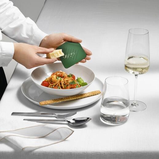 Persoon houdt Irogami designrasp boven een bord met pastasalade.