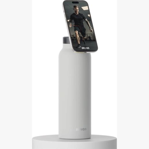 Lichte 2-in-1 drinkfles met smartphone en lopende timer.