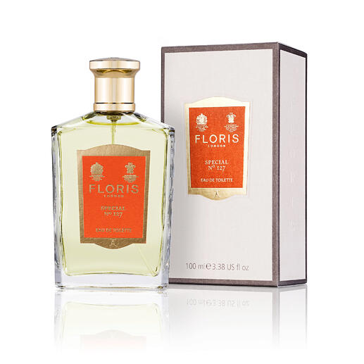 Floris No. 127, 100 ml parfumfles in rechthoekige vorm met gouden dop.