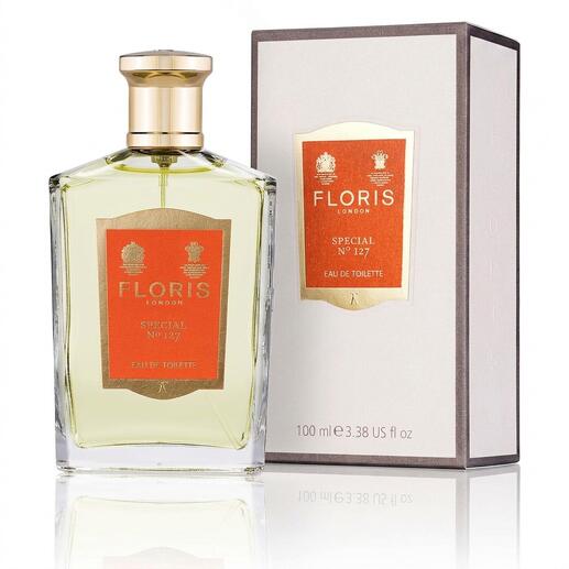 Floris No. 127, 100 ml parfumfles in rechthoekige vorm met gouden dop.