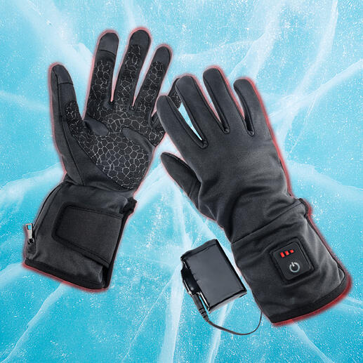 Verwarmde handschoenen op een ijzige achtergrond met accu.