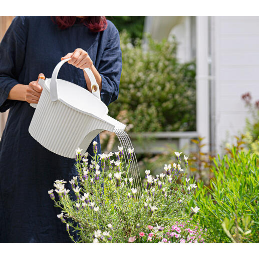 Gieter Vrouw besproeit bloemen met een gieter in de tuin