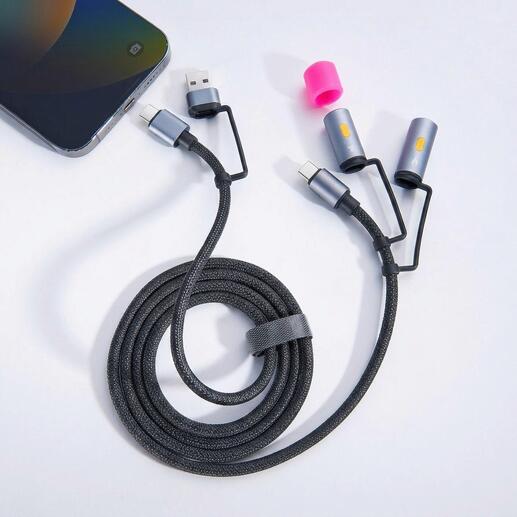 4-in-1 oplaadkabel met meerdere aansluitmogelijkheden op een tafel naast een smartphone.