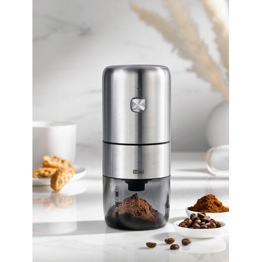 Draadloze koffiemolen met een roestvrijstalen afwerking en koffiebooncontainer.