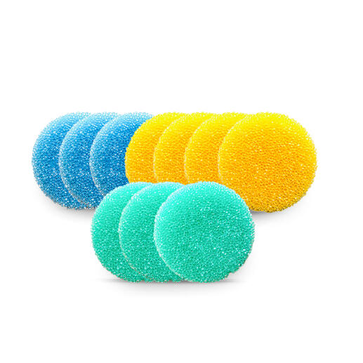 Vervangende sponzen, set van 10 Set van 10 kleurrijke schoonmaaksponsen op een witte achtergrond.