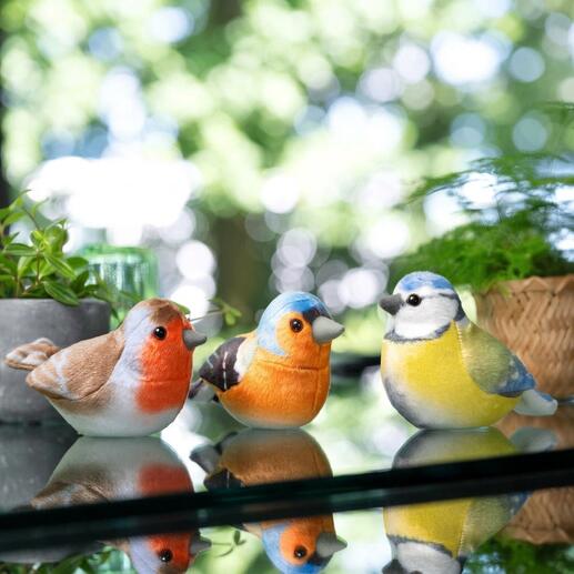Drie decoratieve vogelfiguren in natuurlijke kleuren.
