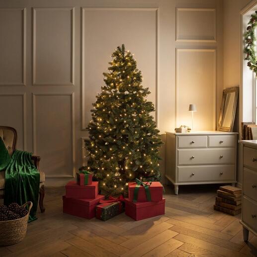 Verlichte kerstboom met cadeaus en warm licht in een elegante ruimte.