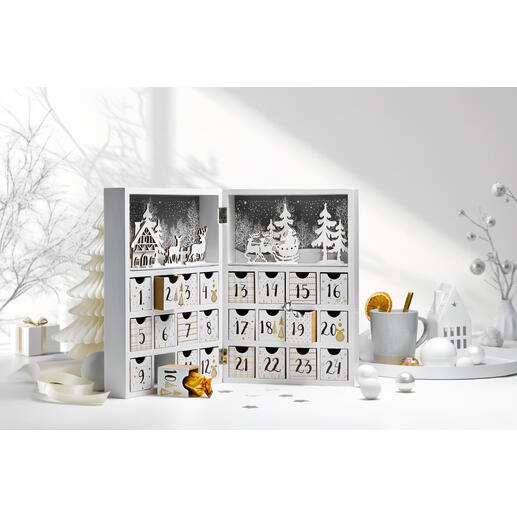 Adventkalender Winterdorp met 24 deurtjes en winterdecoratie.