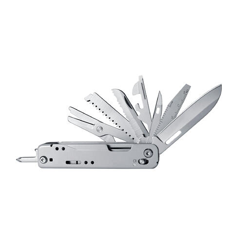Compact multitool 12-in-1 met verschillende gereedschappen uitgeklapt.