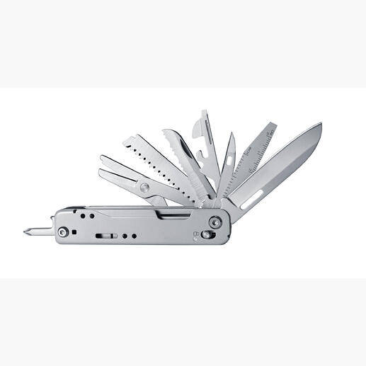 Compact multitool 12-in-1 met verschillende gereedschappen uitgeklapt.