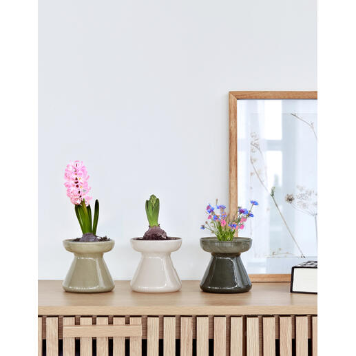 Drie decoratieve potten met bloemen in modern design op een rek.