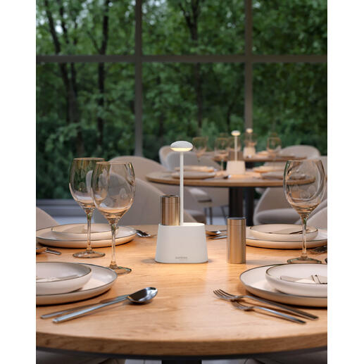 Peper- en zoutlamp in wit op een buitentafel met decoratie.