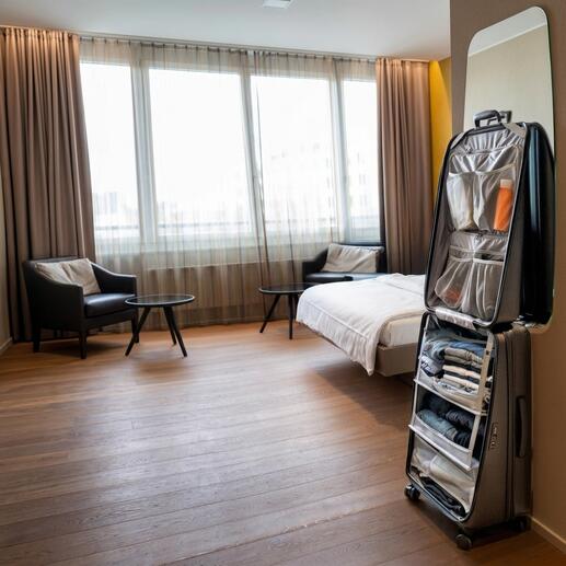 Kledingkoffer in een hotelkamer, open met kleding en accessoires.