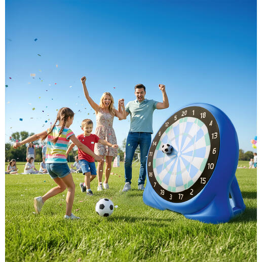 Gezin speelt voetbal-dart buiten met een groot doel.