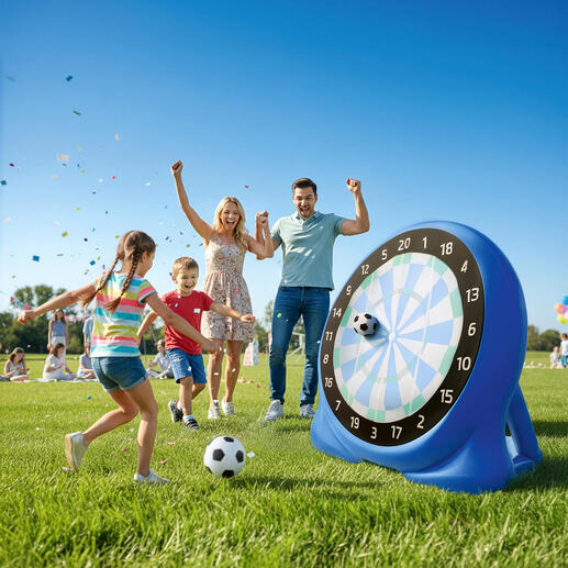 Gezin speelt voetbal-dart buiten met een groot doel.