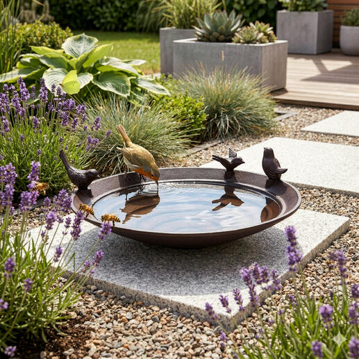 Vogeldrinkbak van metaal met vogels en water in de tuin.