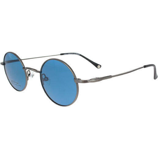 Ronde John Lennon zonnebril met blauwe glazen en een zilverkleurig montuur.