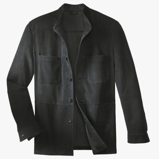 Overhemdjasje van rendierkalfsleer Een degelijk leren jasje – zo licht als een overhemd. Weegt slechts 650 gram.