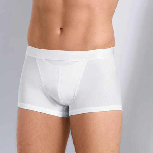 Witte heren boxershorts met elastische band, zijaanzicht.