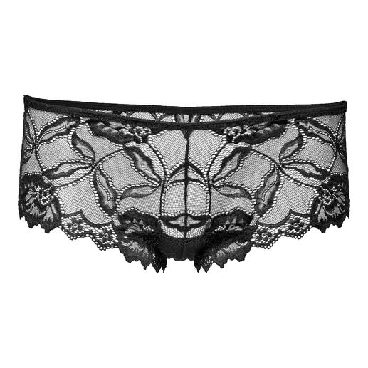 After Eden Boxer-Slip in zwart, vooraanzicht met bloemmotieven van kant.