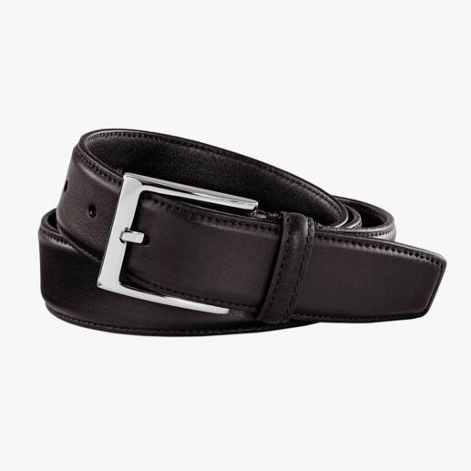 Zwarte Italiaanse kalfsleren riem met zilveren gesp, maat 85 cm.