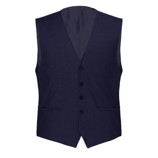 Donkerblauwe vest met vier knopen, recht van voren gefotografeerd.