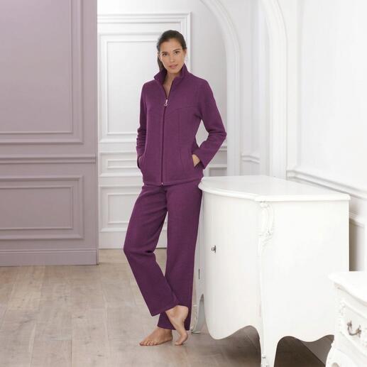 Paarse fleece-homesuit voor dames, met rits en zakken.